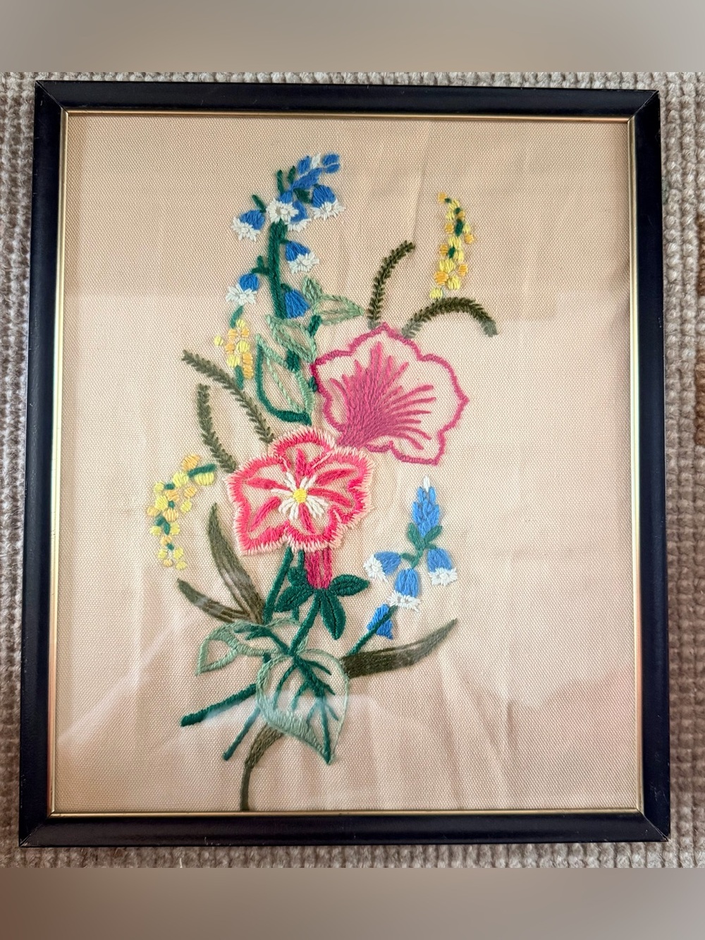 Framed Floral Embroidered Wall Art - Pink & Blue